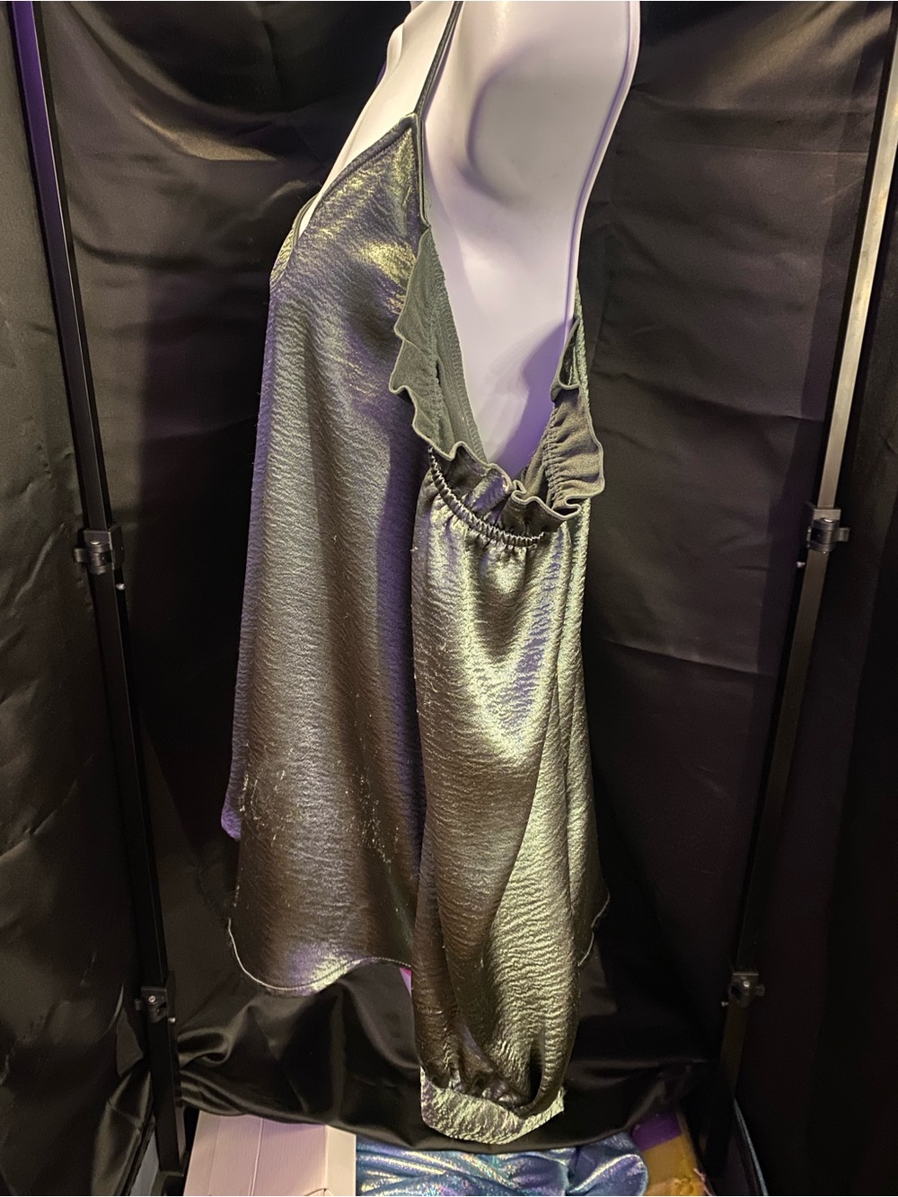 Metallic Olive Green Satin Slip open shoulder Blouse